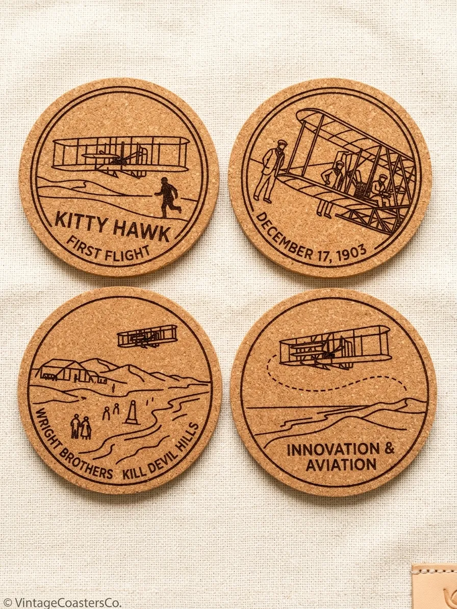 First Flight laser engraved cork coaster set featuring Kitty Hawk and Wright Brothers designs