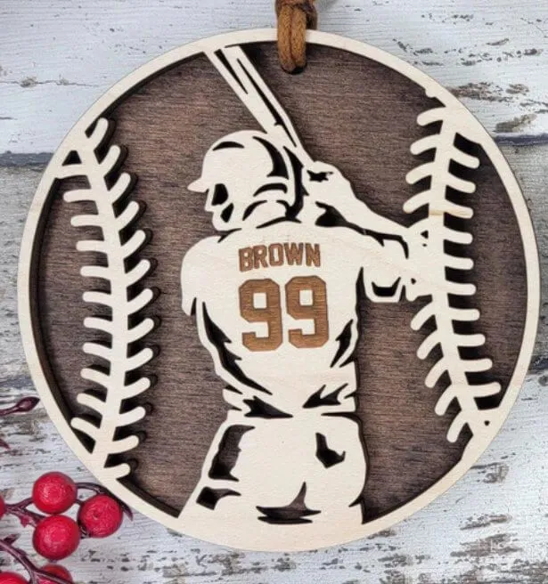 Personalized baseball or softball ornament with player name Brown and number 99, laser engraved on wood