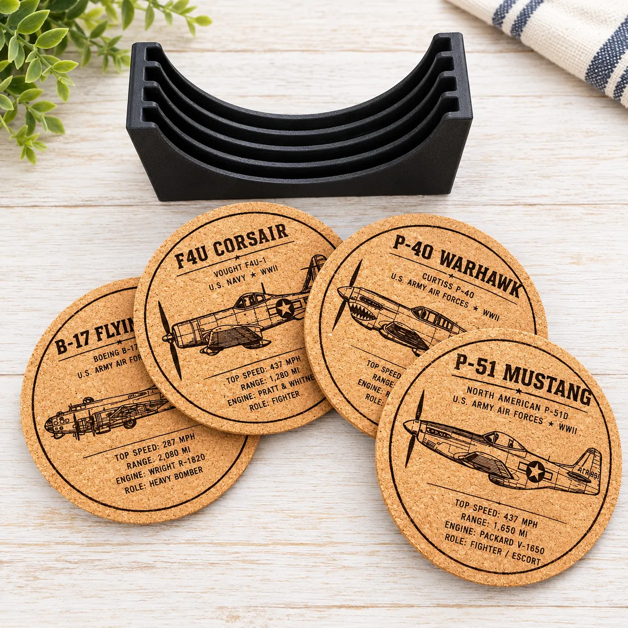 4-piece ww2 warbirds laser engraved cork coaster set